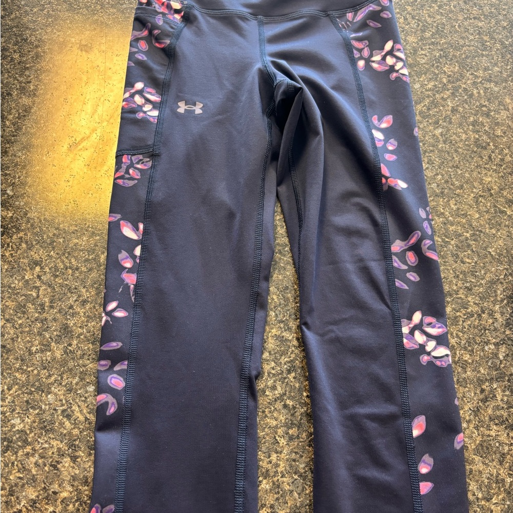 Under Armour Kids' Leggings with Navy and Pink Leaf Pattern